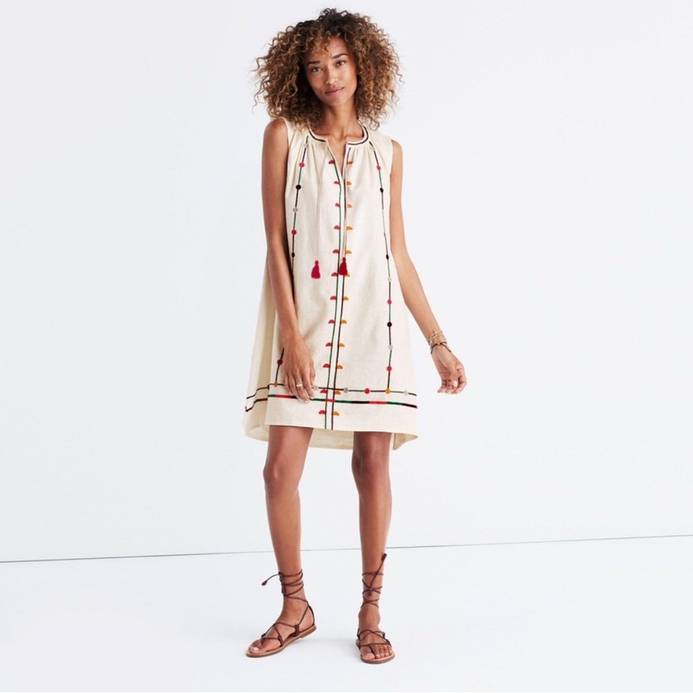 Madewell Cream Sunview Embroidered Tassel Linen Blend Sleeveless Dress Small